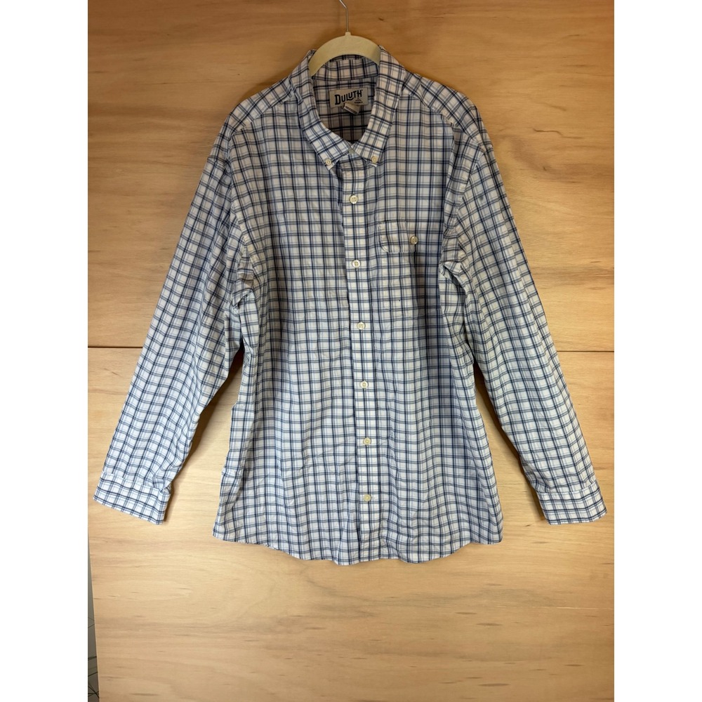Duluth Trading Co Mens Large Relaxed Fit Plaid CoolMax Button Down Shirt Blue